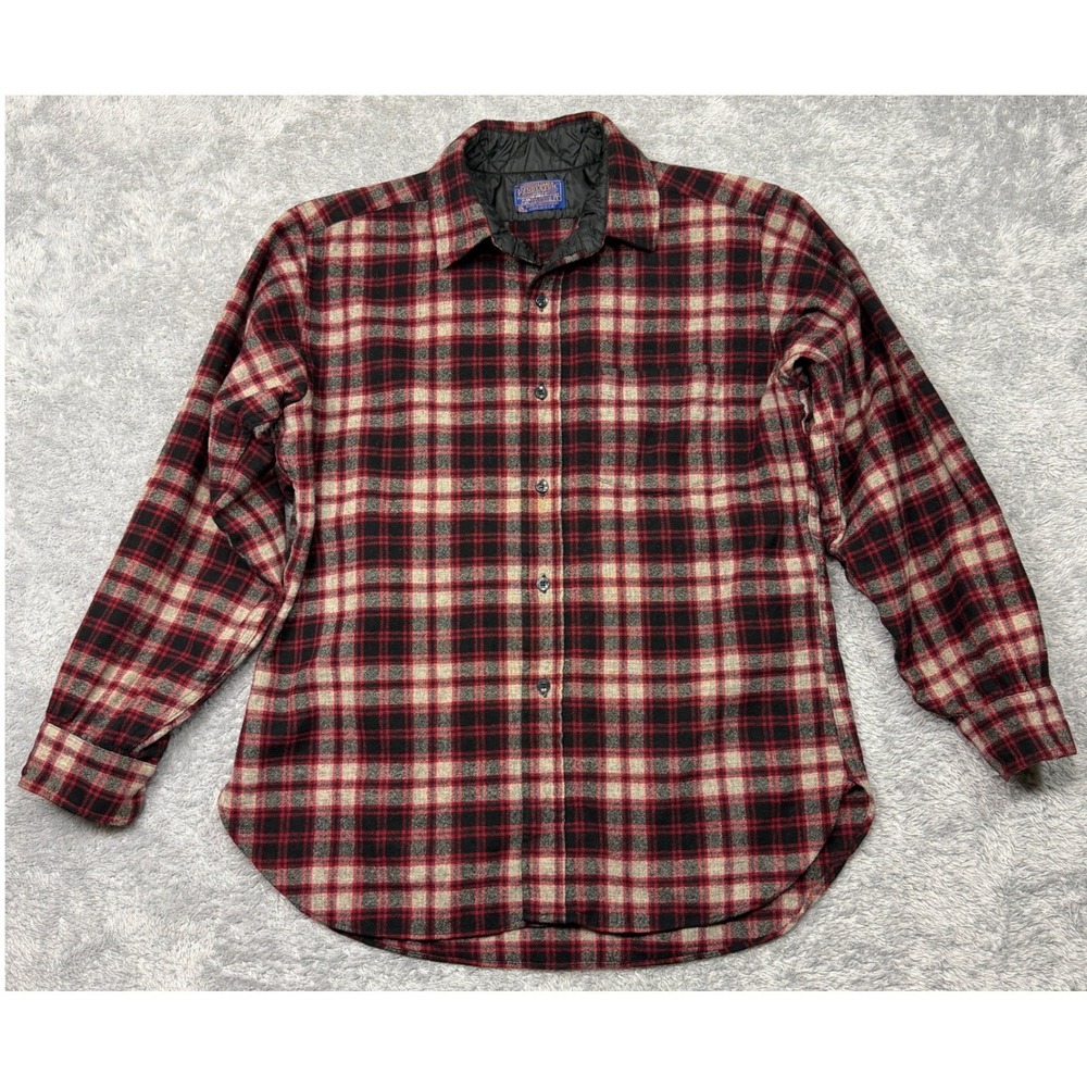 Vintage Pendleton Shirt Men L Red Plaid Wool Flannel Quilted Collar USA 1960s